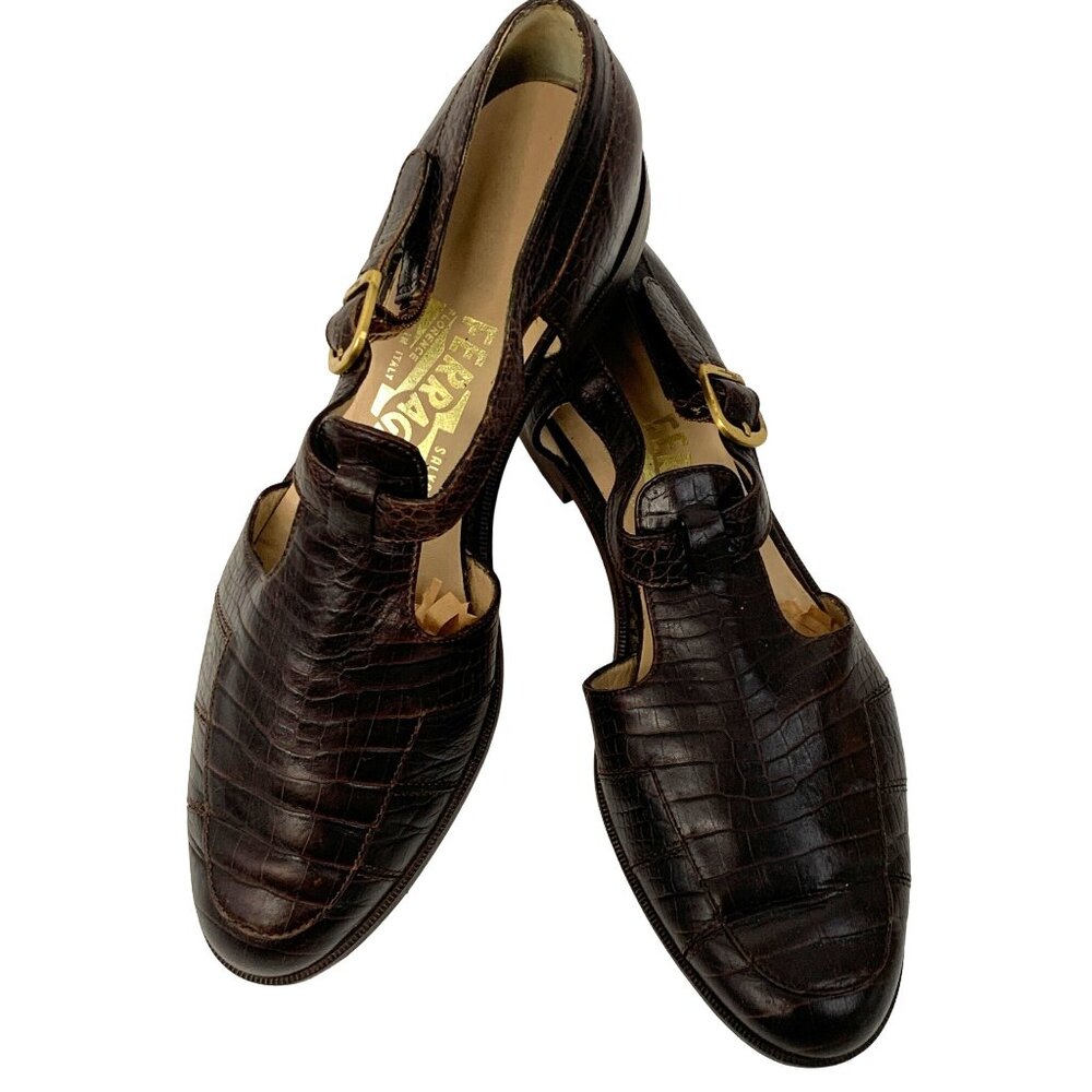 VTG Ferragamo 7B Crocodile Leather T-strap Buckle Shoes Flat Brown Italy 7965 - Picture 5 of 15